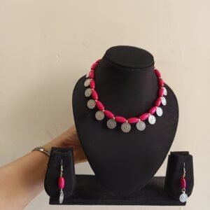 Pink wooden beads and oxcidsed silver charms Necklace set