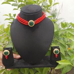 Red colour beads and green Kundan necklace set