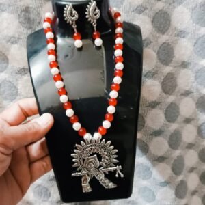 Red white beads and oxcidsed silver pendant necklace set Krishna