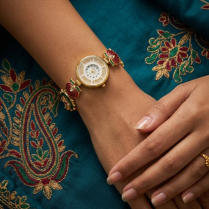 Golden white kundan watch