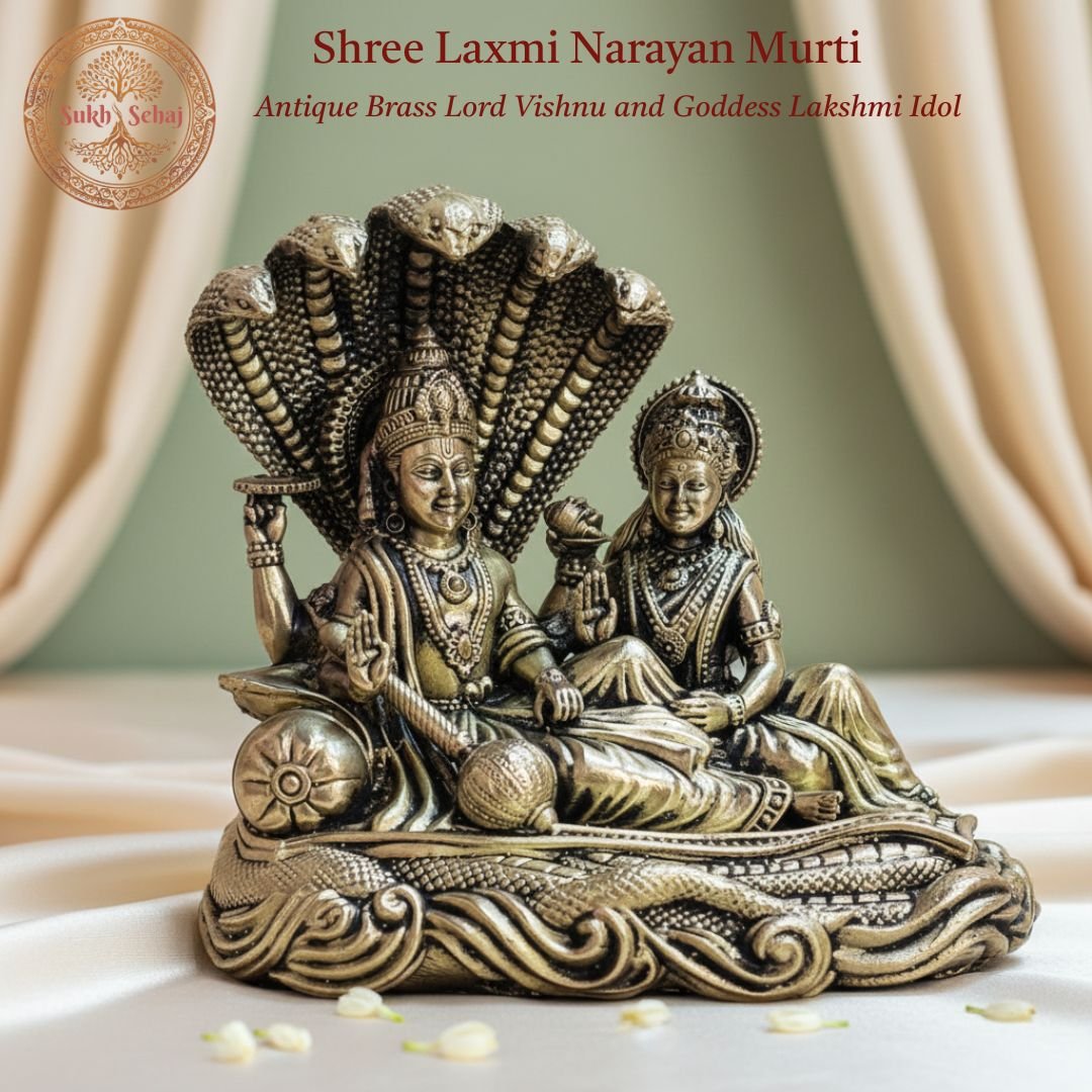 Shree Lakshmi Narayan Murti | Brass Murti | Handcrafted, Antique Finish, 4.5 Inch Length, for Home Temple, Decor, Pooja Ritual and Gifting