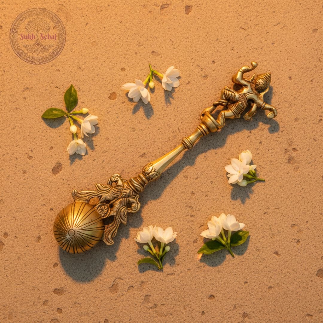 Shree Ganesh Achmani (Puja Spoon) | Palli | Handcrafted, Antique Yellow Finish, 8.0 Inch Length, for Home Temple, Decor, Pooja Ritual and Gifting - Image 4