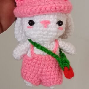 Pink hat crochet bunny keychain