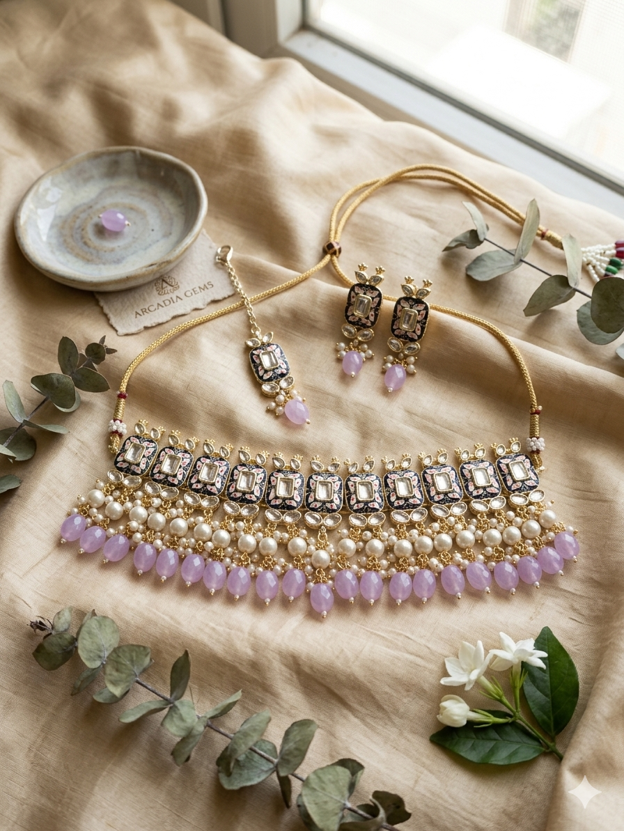 Roop kundan choker necklace set with earrings and mangtika
