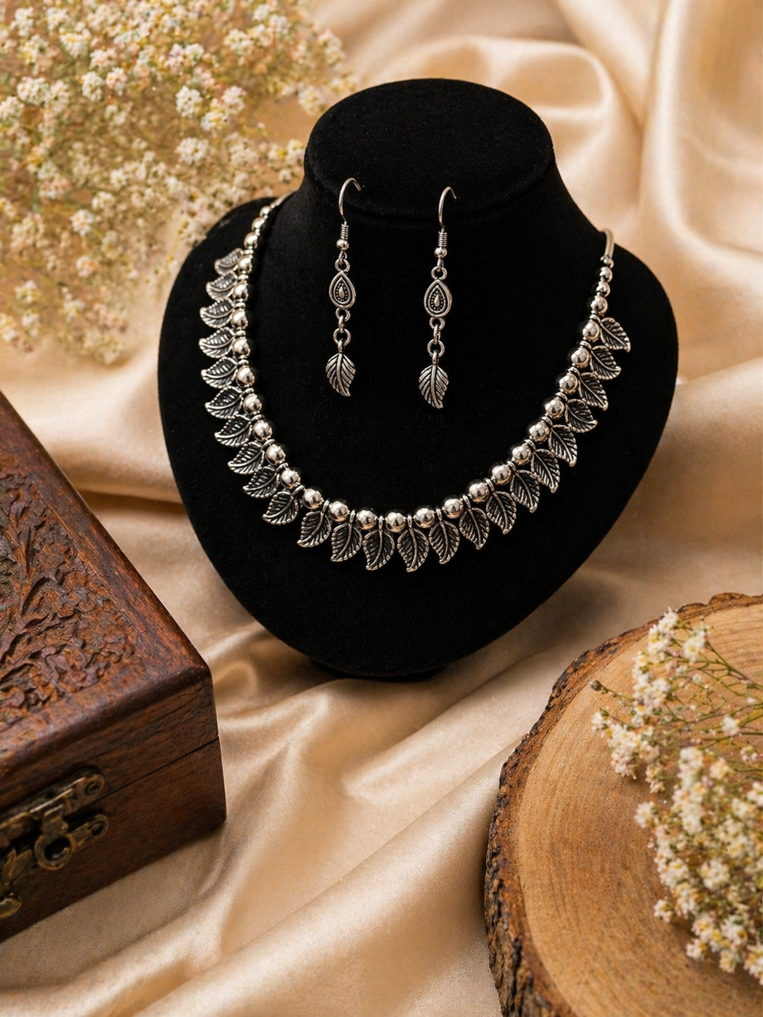 Latika silver oxidised necklace set with earrings