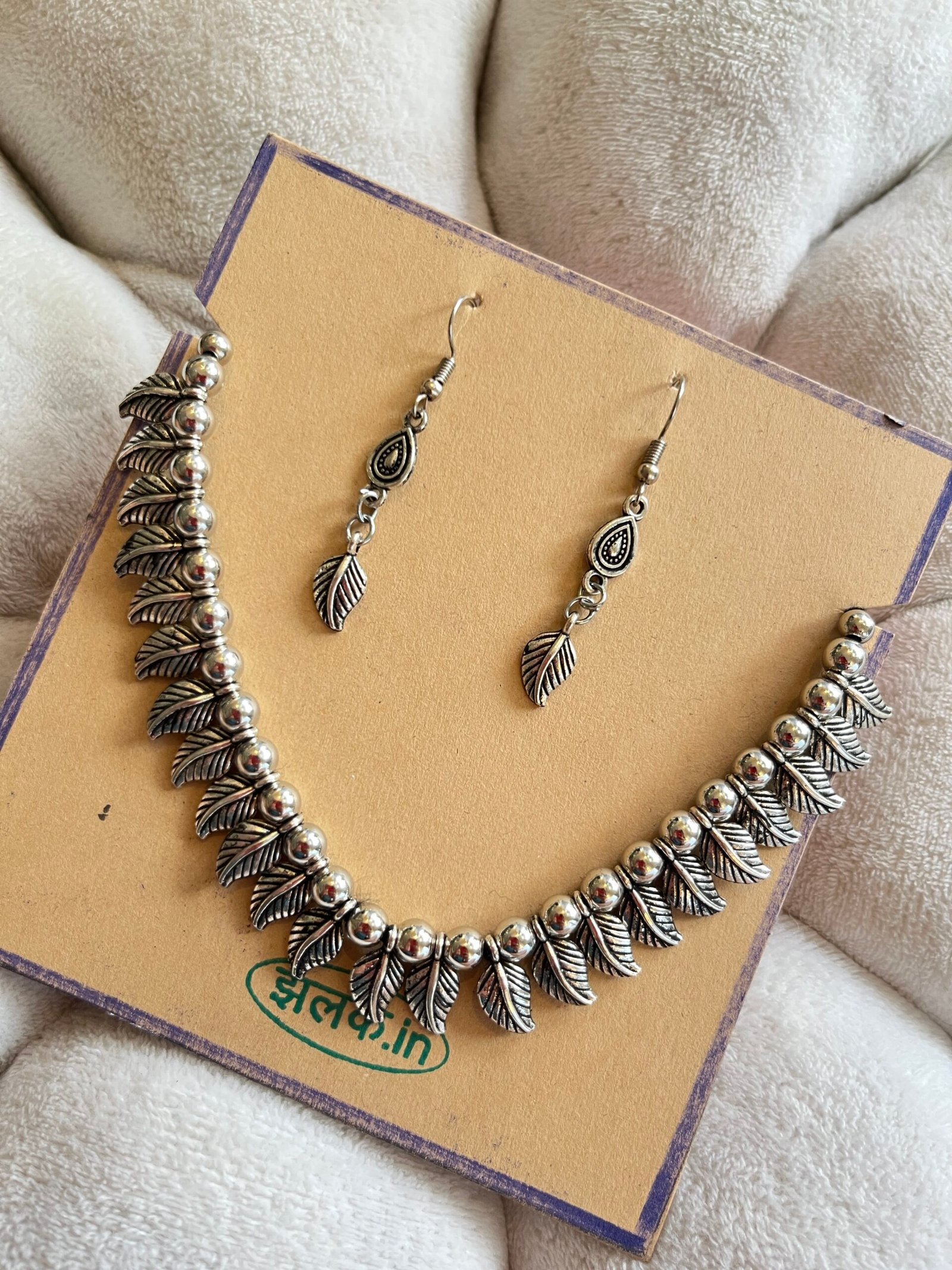 Latika silver oxidised necklace set with earrings - Image 2
