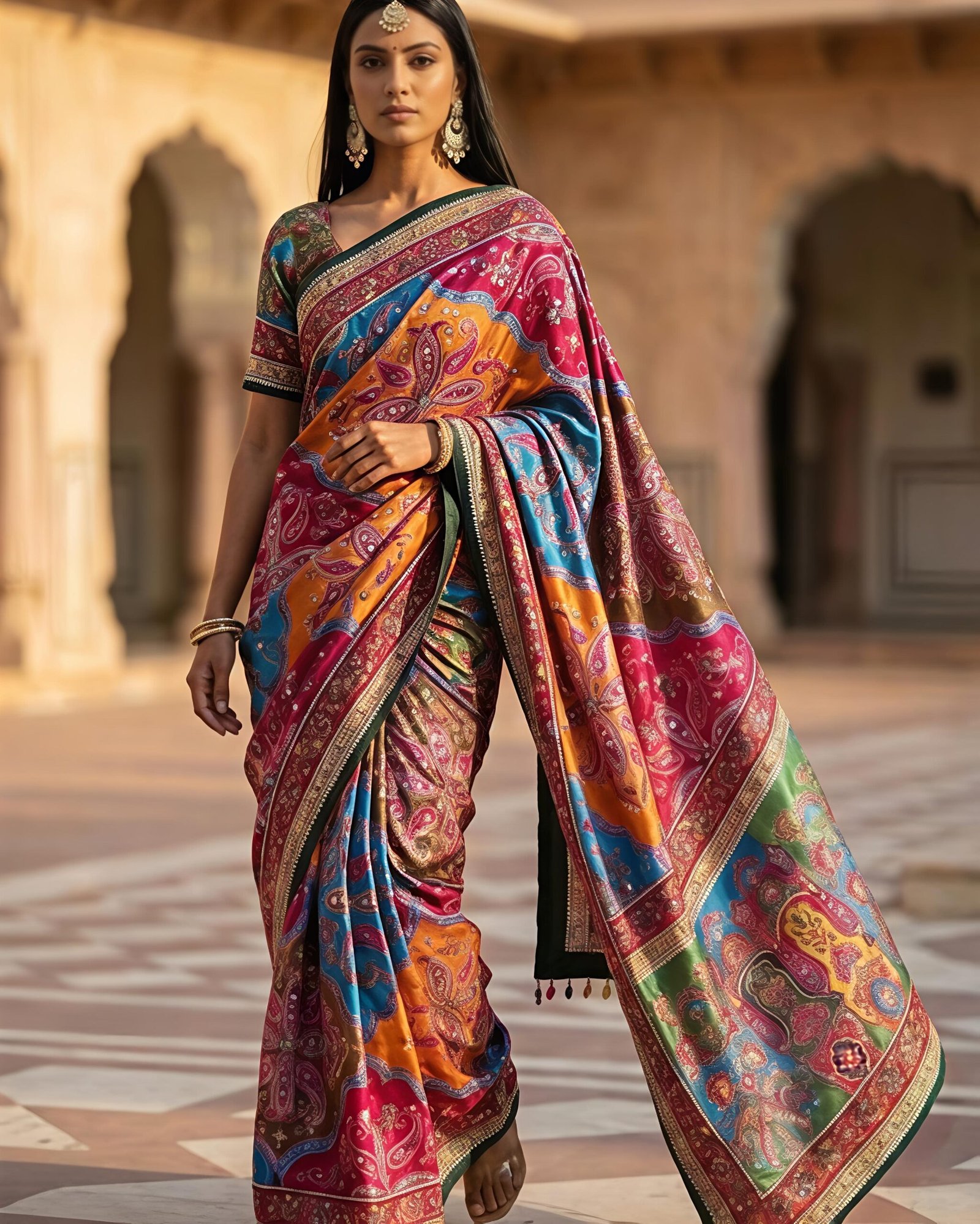 Description- *Heavy masakali crepe saree with rajgharana culture digital print and mirror work(3000+ unit) all over sarees attached with perfectly matched pallu & blouse piece* Saree cut- *6.30mts.* * *Best Quality, Best Products, Best Price 🌹🏵️* - Image 2