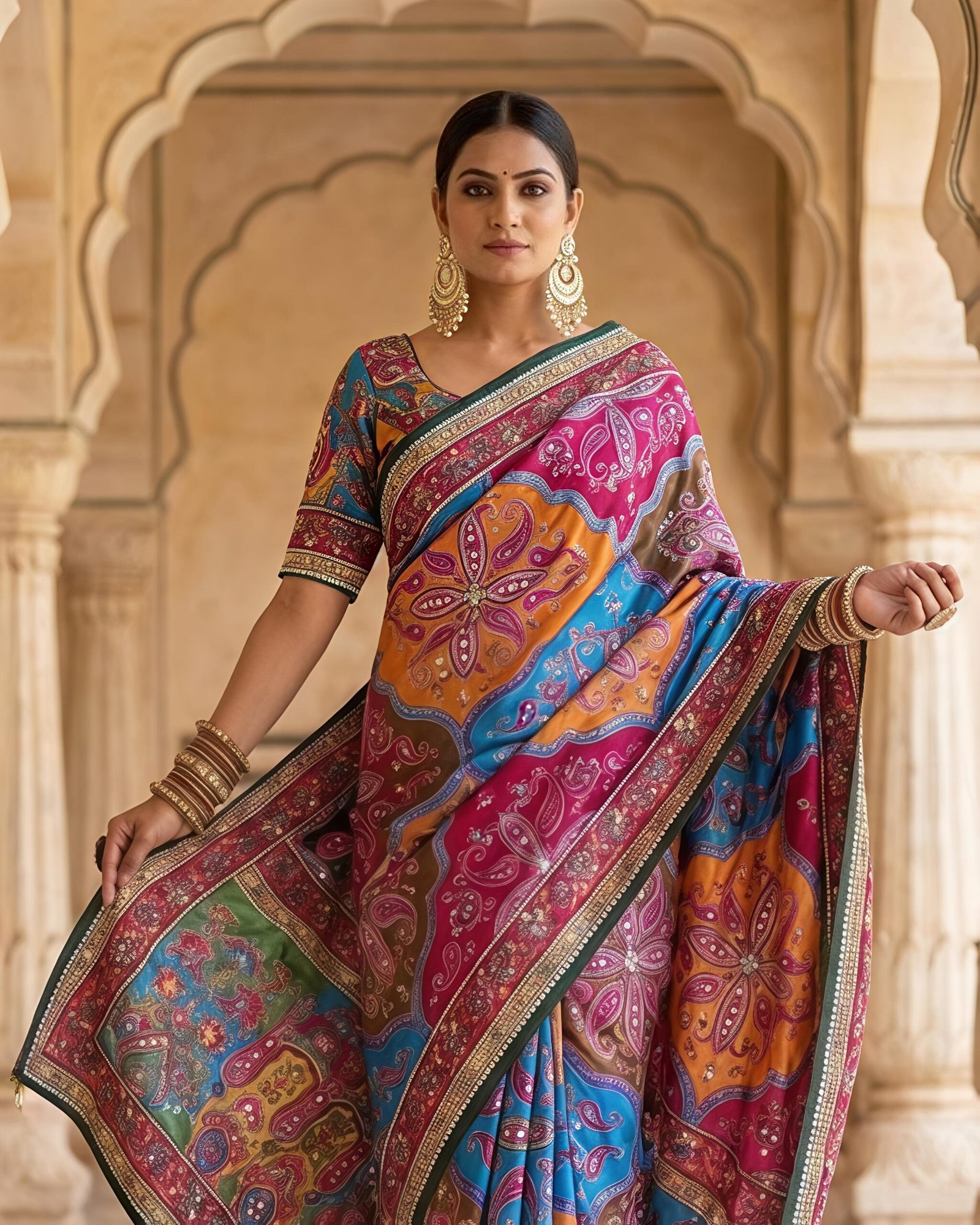 Description- *Heavy masakali crepe saree with rajgharana culture digital print and mirror work(3000+ unit) all over sarees attached with perfectly matched pallu & blouse piece* Saree cut- *6.30mts.* * *Best Quality, Best Products, Best Price 🌹🏵️* - Image 3