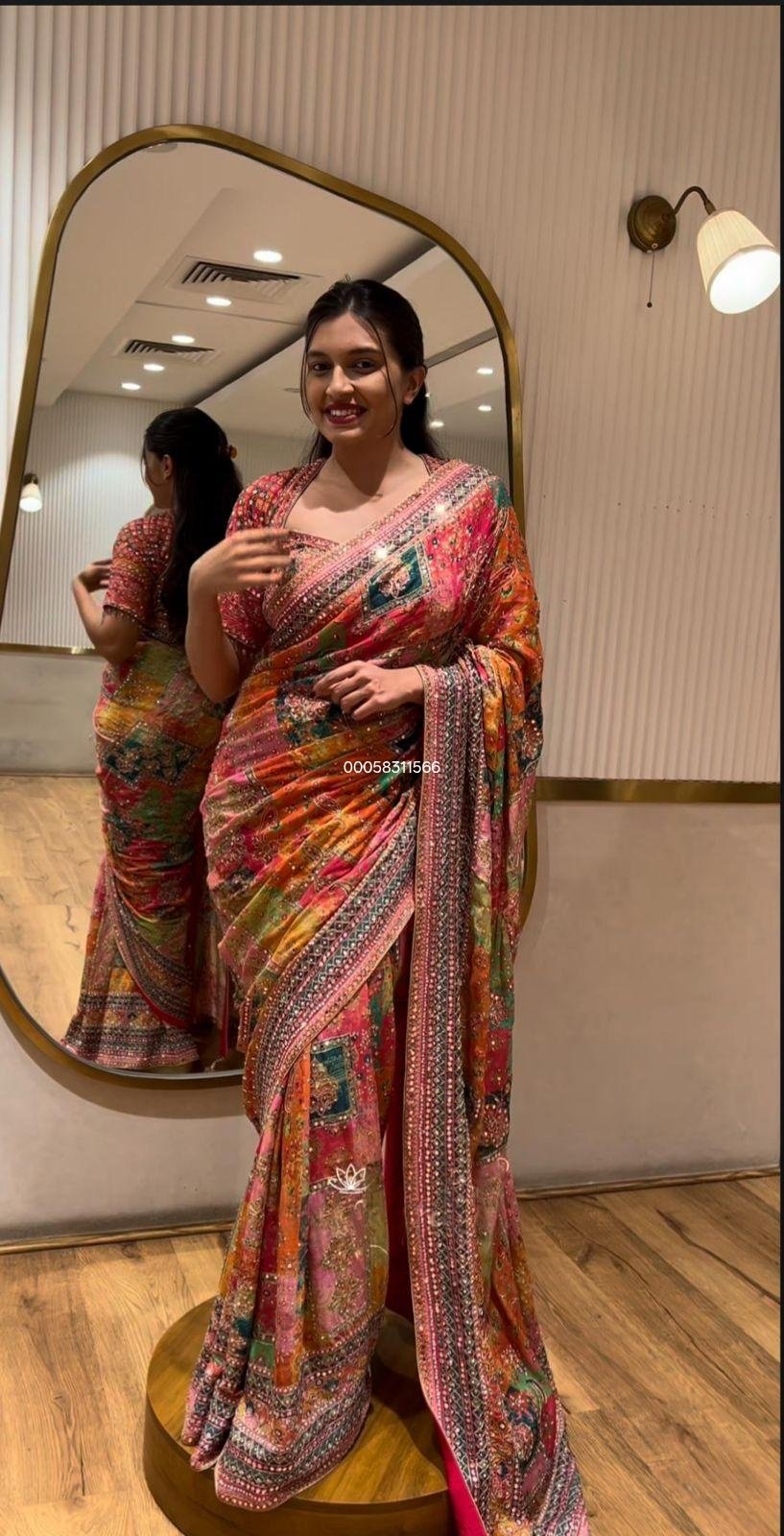 New Launching Superb Quality ✨ Crepe Silk Digital Print Mirror Work Saree