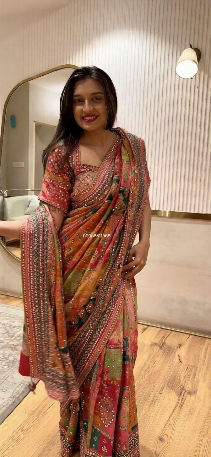 New Launching Superb Quality ✨ Crepe Silk Digital Print Mirror Work Saree