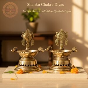 Shankhu Chakra Diyas Set, Narayan Diya, Deepak, Brass, Handcrafted, Antique Finish, 9.1 Inch Height, Oil Lamp Home Temple, Decor, Pooja Ritual and Gifting