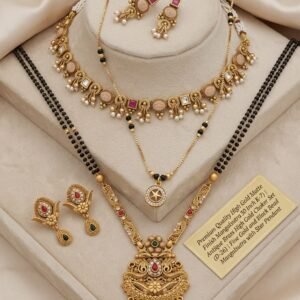 PREMIUM QUALITY COMBO 30 INCH LONG MATT FINISH RAJWADI LONG MANGALSUTRAS MATT FINISH RAJWADI CHOKKER SET ANTI TURNISH AD PEDNANT SET