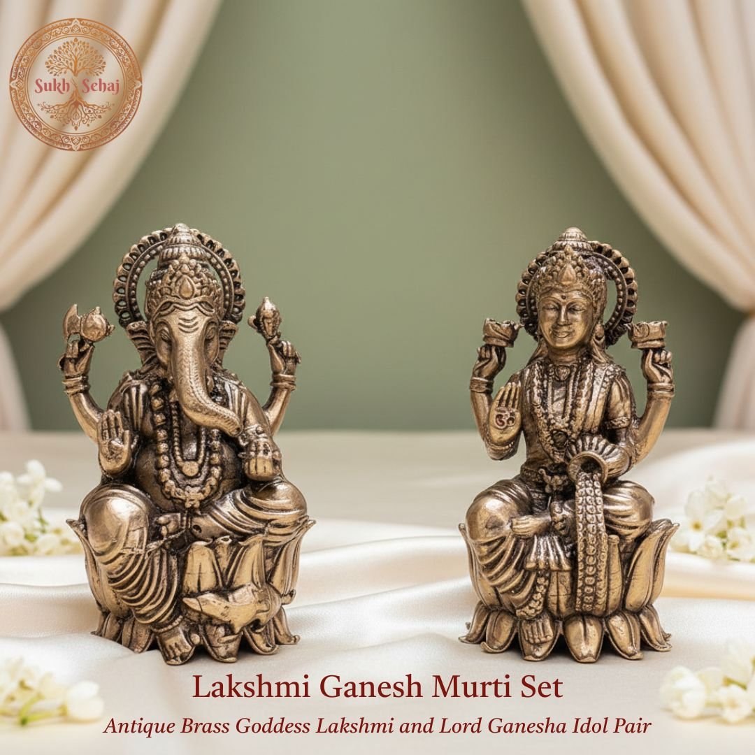 Shree Lakshmi Ganesh Murti Set | Brass Murti | Handcrafted, Antique Finish, 2.9 Inch Height, for Home Temple, Decor, Pooja Ritual and Gifting