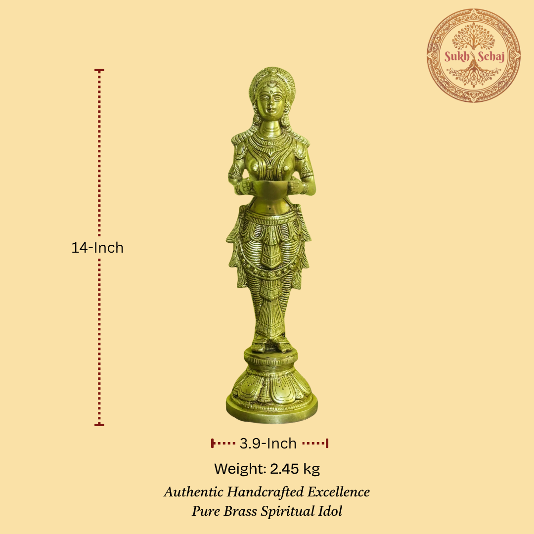 Deeplakshmi Brass Murti, Handcrafted, Antique Yellow Finish, 14.0 Inch, for Home Temple, Decor, Pooja Ritual and Gifting - Image 5