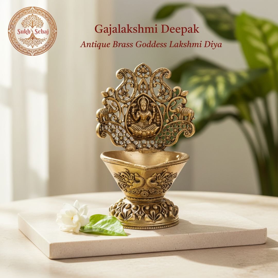 Gajalakshmi Diya, Laxmi Deepak, Brass, Handcrafted, Antique Finish, 4.0 Inch, Oil Lamp Home Temple, Decor, Pooja Ritual and Gifting