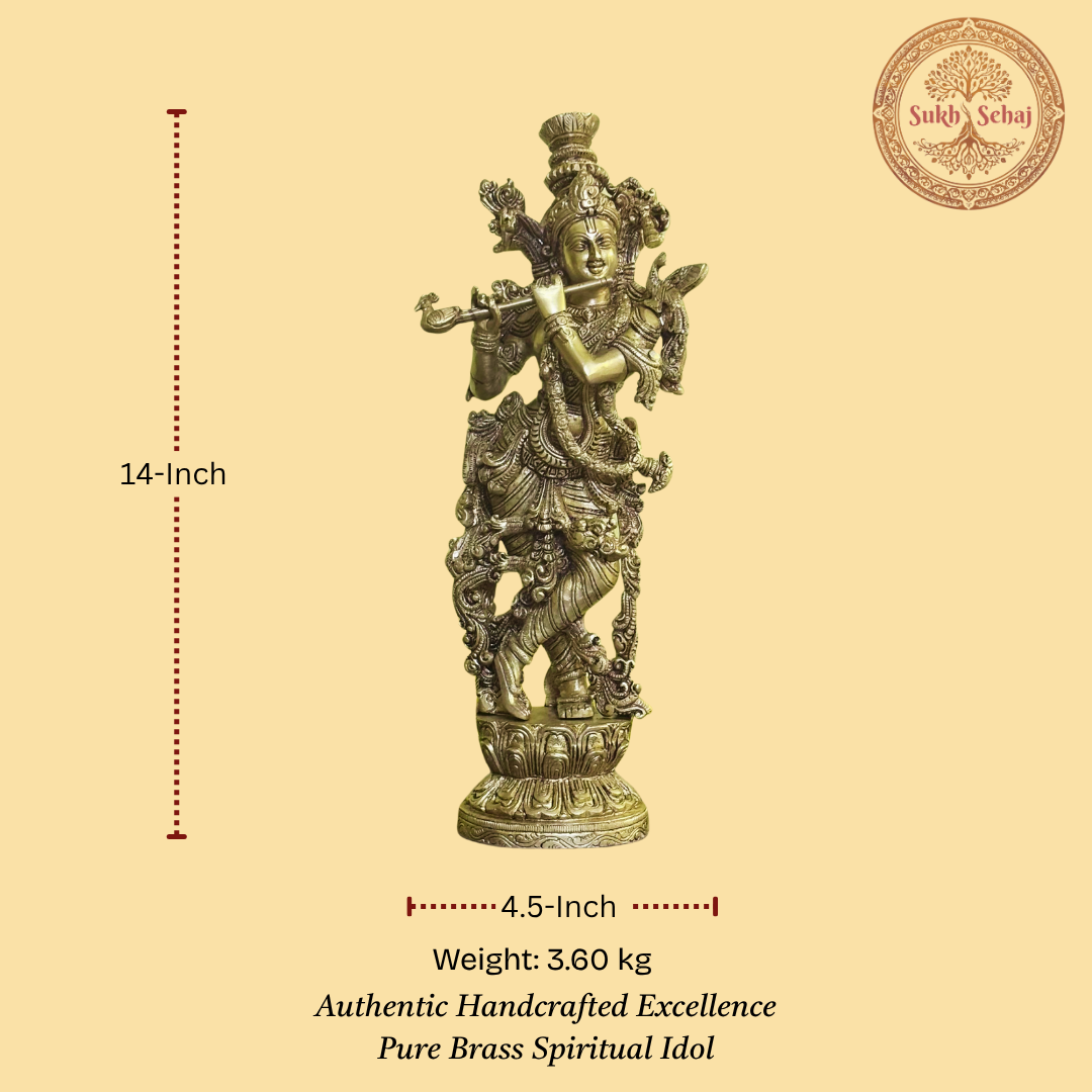 Venugopala (Shree Krishna) Brass Murti | Lord Krishna Idol | Handcrafted, Antique Yellow Finish, 14.0 Inch, for Home Temple, Decor, Pooja Ritual and Gifting - Image 5