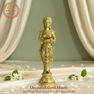 Deeplakshmi Brass Murti, Handcrafted, Antique Yellow Finish, 14.0 Inch, for Home Temple, Decor, Pooja Ritual and Gifting