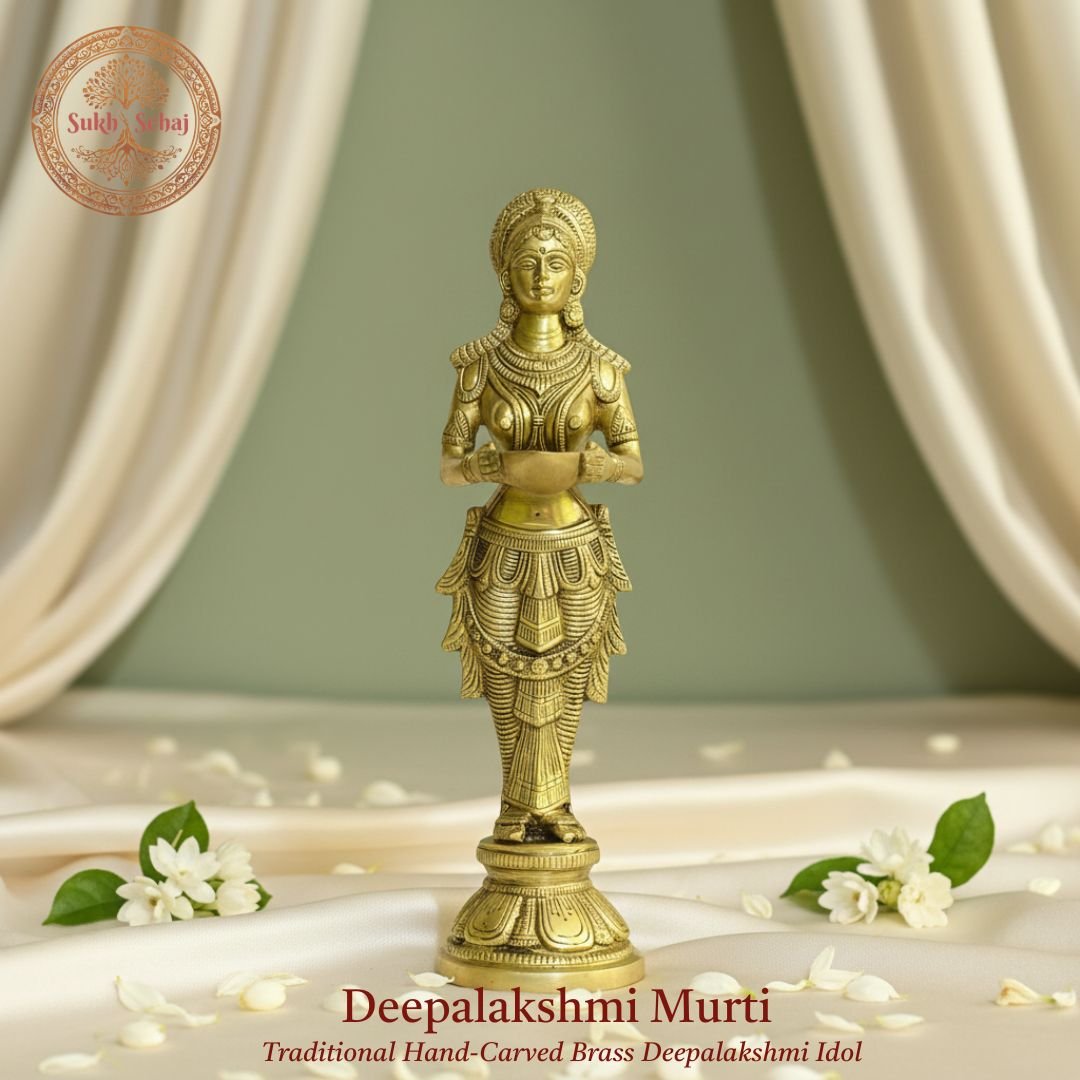 Deeplakshmi Brass Murti, Handcrafted, Antique Yellow Finish, 14.0 Inch, for Home Temple, Decor, Pooja Ritual and Gifting
