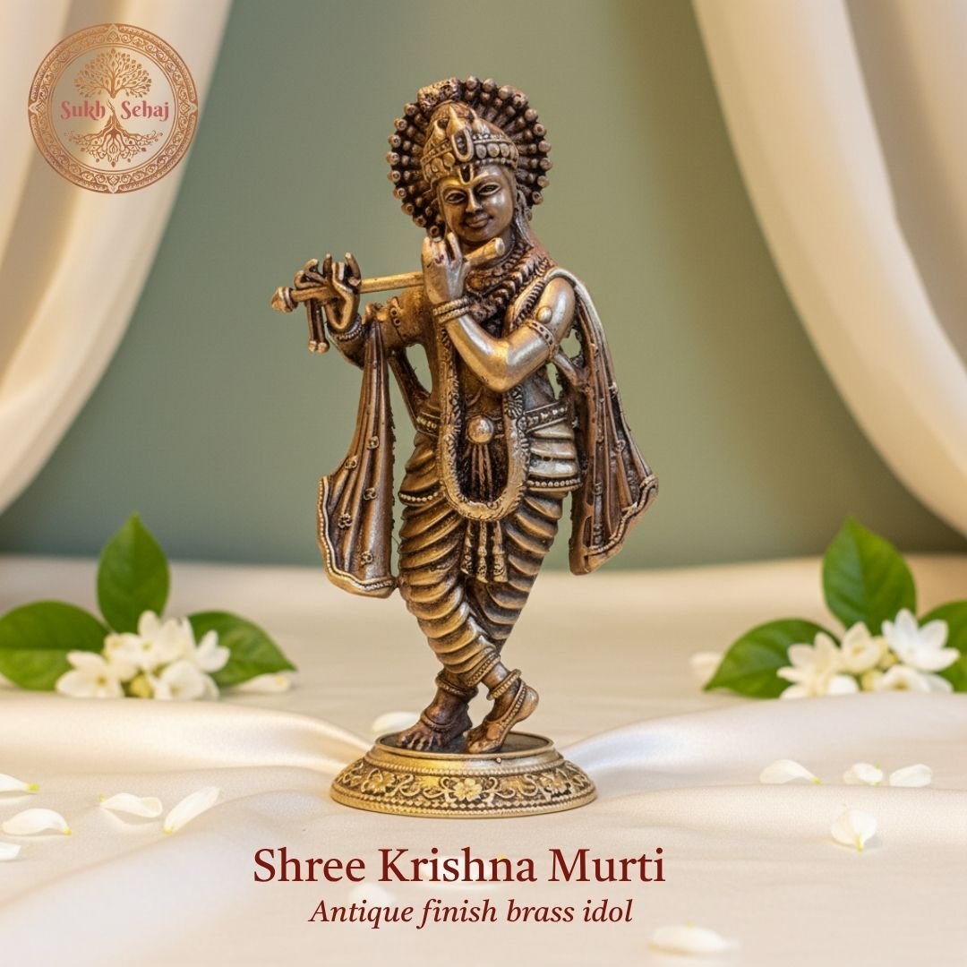 Shree Krishna Murti | Brass Murti | Handcrafted, Antique Yellow Finish, 5.1 Inch, for Home Temple, Decor, Pooja Ritual and Gifting