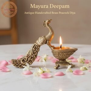 Mayura Deepam (Brass Peacock Diya), Handcrafted, 4.5 Inch, Antique Yellow Finish, Oil Lamp/Diya for for Home Decor, Pooja Ritual and Gifting