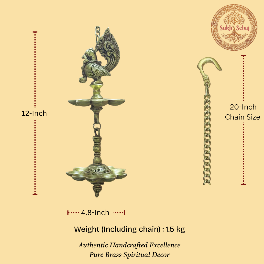 Mayur Diya (Hanging)/Peacock Diya Hanging, Deepak, Brass, Handcrafted, Antique Finish, 12 Inch, Oil Lamp Home Temple, Decor, Pooja Ritual and Gifting - Image 5