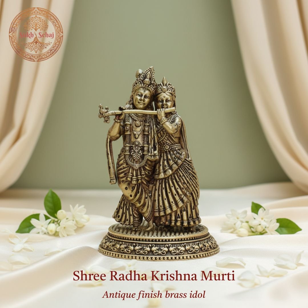 Shree Radha Krishna Murti | Brass Murti | Handcrafted, Antique Yellow Finish, 5.8 Inch Length, for Home Temple, Decor, Pooja Ritual and Gifting