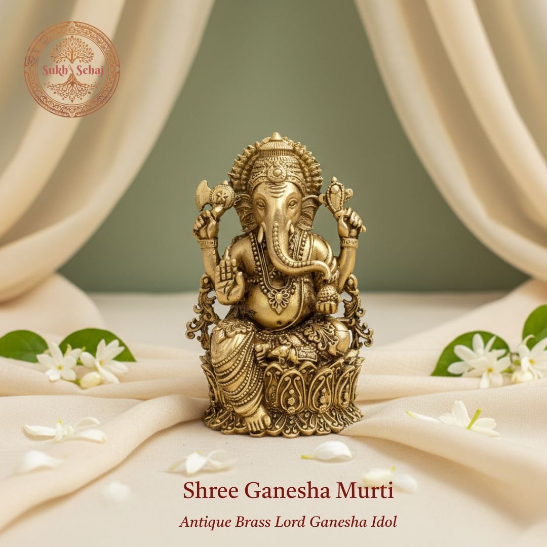 Shree Ganesha Murti | Ganapati Idol | Brass Murti | Handcrafted, Antique Yellow Finish, 3.0 Inch, for Home Temple, Decor, Pooja Ritual and Gifting