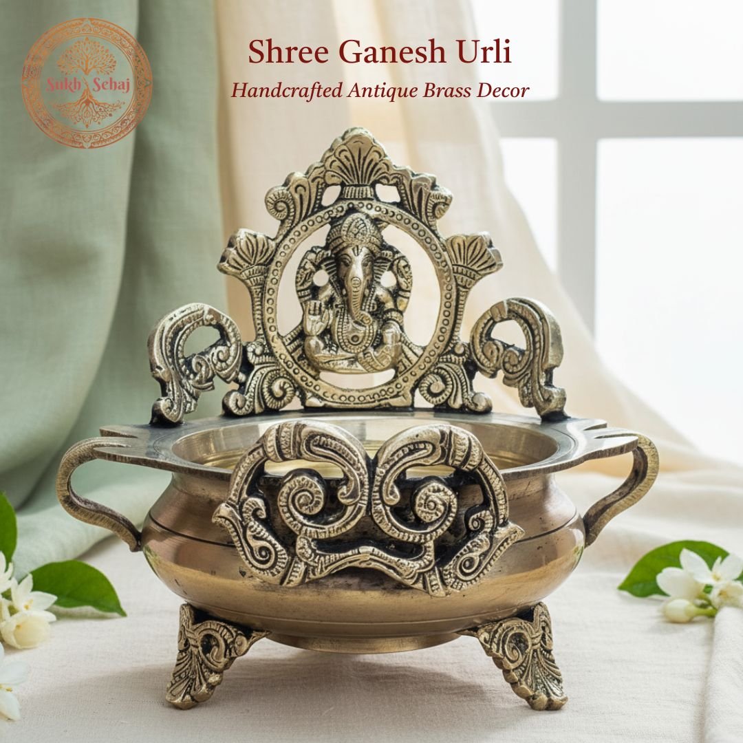 Shree Ganesha Brass Urli | Brass Urli | Decor Vessel | Handcrafted, Antique Black Finish, 7.5 Inch, for Home Temple, Decor, Pooja Ritual and Gifting