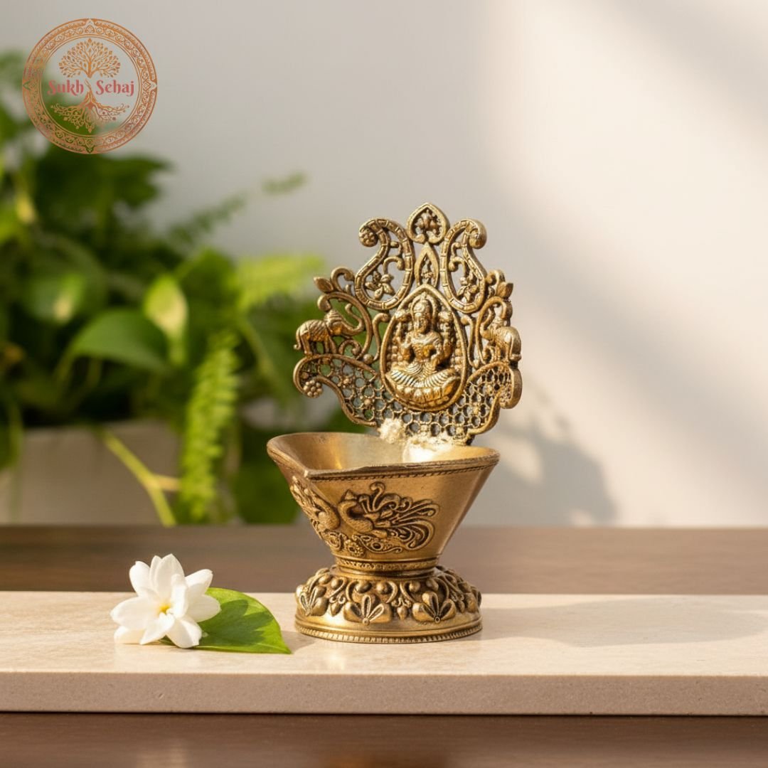 Gajalakshmi Diya, Laxmi Deepak, Brass, Handcrafted, Antique Finish, 4.0 Inch, Oil Lamp Home Temple, Decor, Pooja Ritual and Gifting - Image 2
