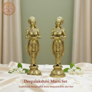 Deeplakshmi Brass Murti Set, Handcrafted, Antique Yellow Finish, 14.0 Inch, for Home Temple, Decor, Pooja Ritual and Gifting
