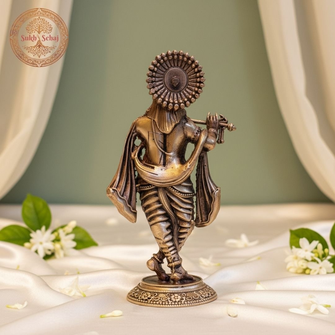 Shree Krishna Murti | Brass Murti | Handcrafted, Antique Yellow Finish, 5.1 Inch, for Home Temple, Decor, Pooja Ritual and Gifting - Image 2