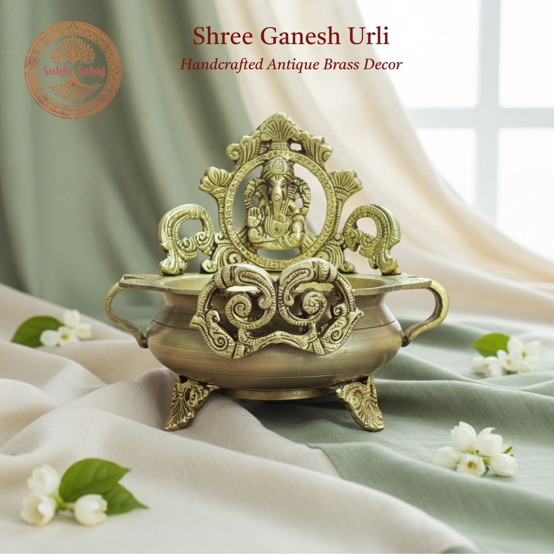 Shree Ganesha Brass Urli | Brass Urli | Decor Vessel | Handcrafted, Antique Yellow Finish, 7.5 Inch, for Home Temple, Decor, Pooja Ritual and Gifting
