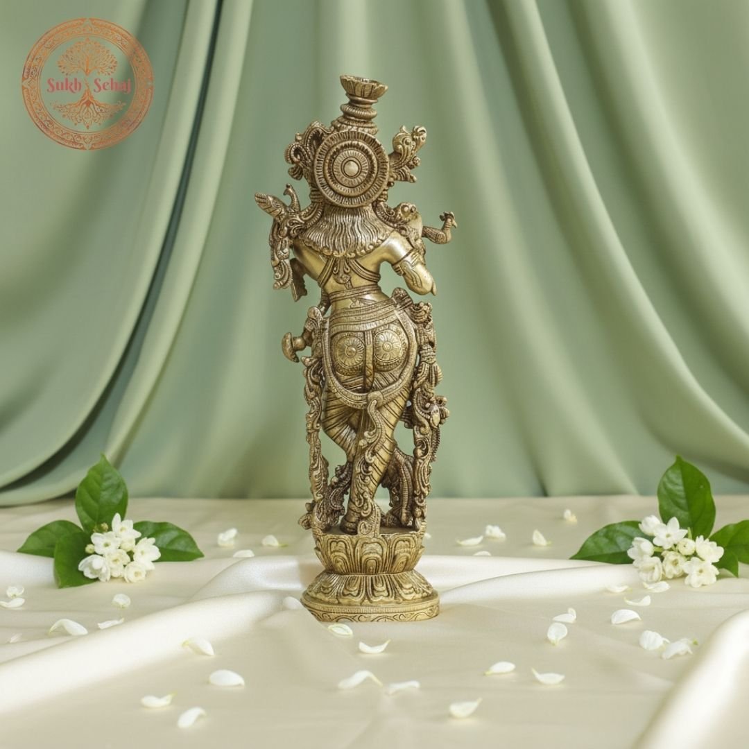 Venugopala (Shree Krishna) Brass Murti | Lord Krishna Idol | Handcrafted, Antique Yellow Finish, 14.0 Inch, for Home Temple, Decor, Pooja Ritual and Gifting - Image 4