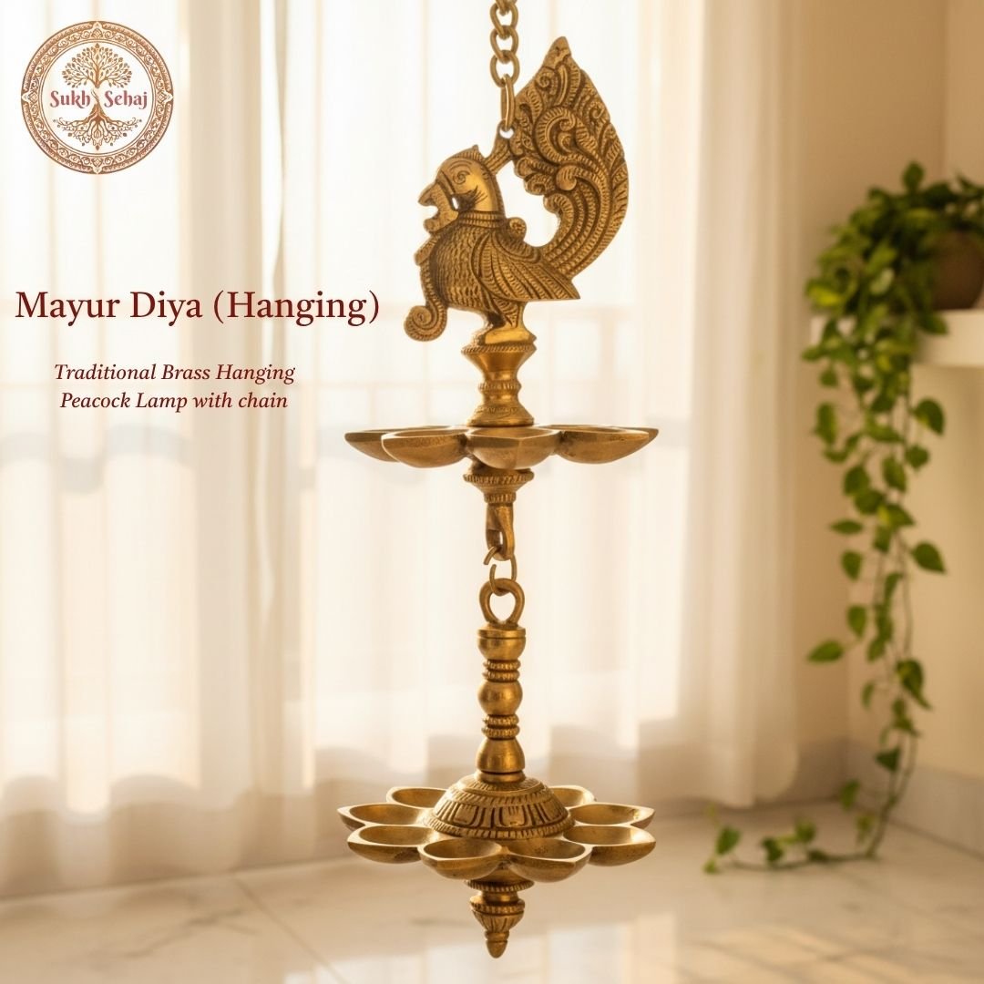 Mayur Diya (Hanging)/Peacock Diya Hanging, Deepak, Brass, Handcrafted, Antique Finish, 12 Inch, Oil Lamp Home Temple, Decor, Pooja Ritual and Gifting
