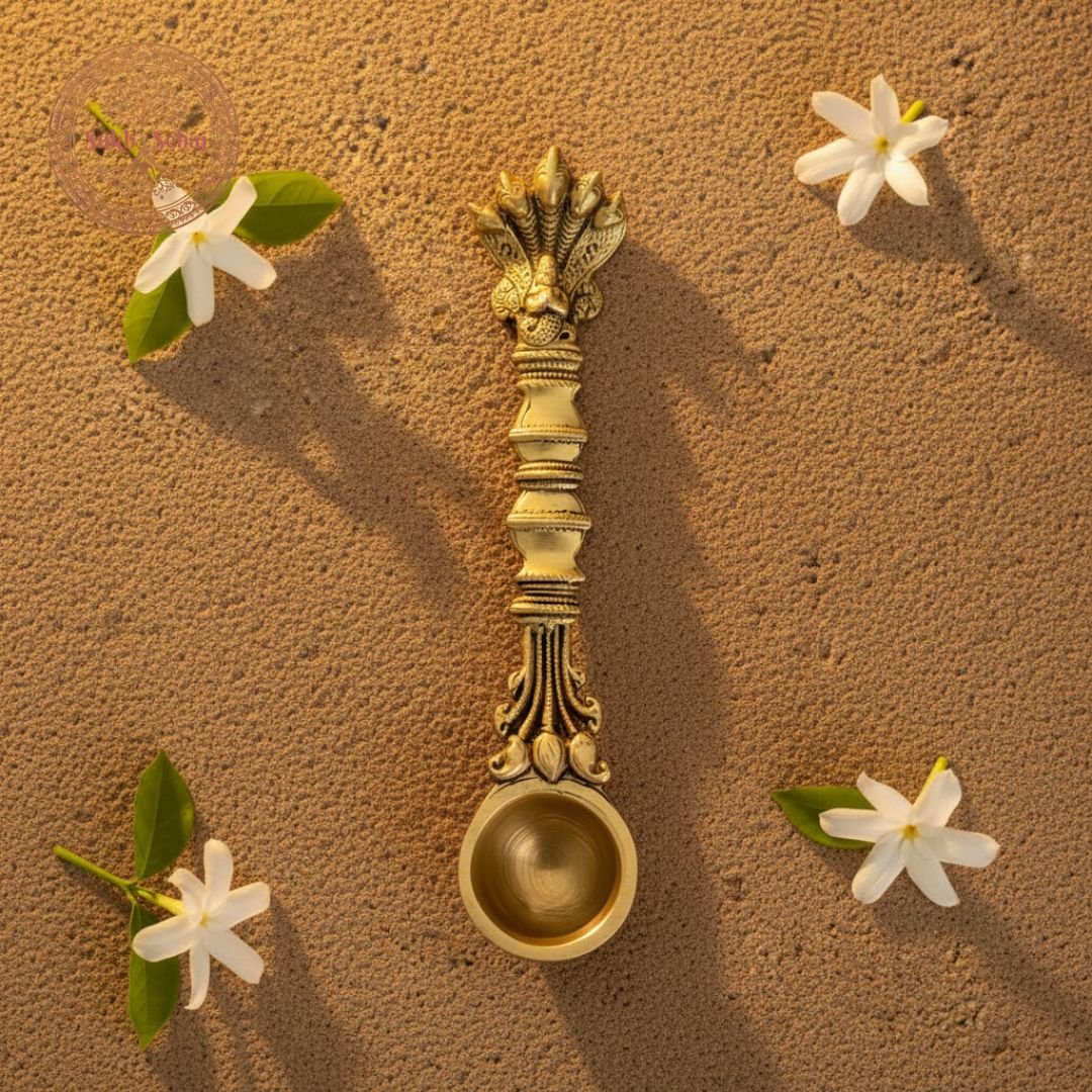 Sheshnaag Brass Achmani (Puja Spoon) | Palli | Handcrafted, Antique Yellow Finish, 8.0 Inch Length, for Home Temple, Decor, Pooja Ritual and Gifting - Image 2
