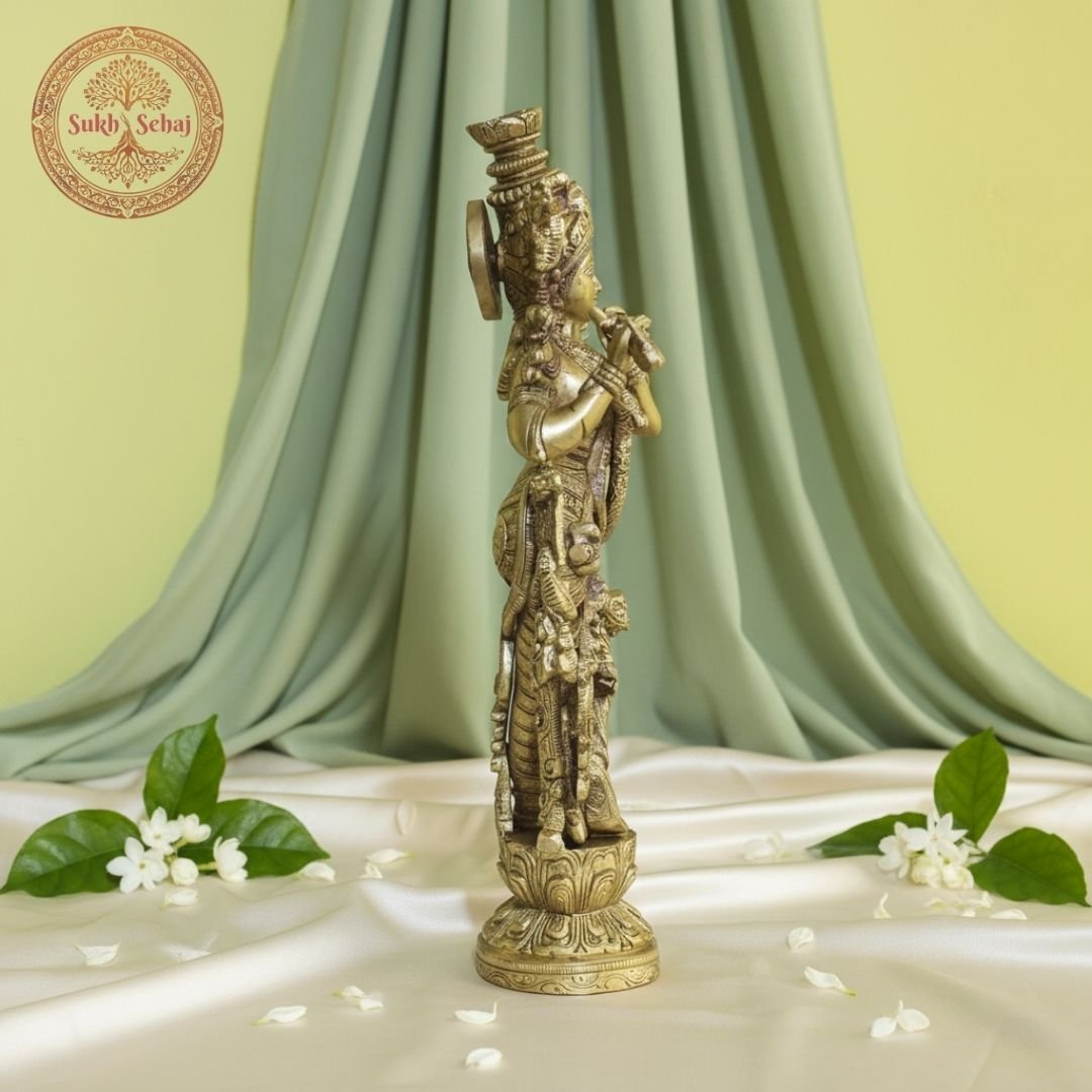 Venugopala (Shree Krishna) Brass Murti | Lord Krishna Idol | Handcrafted, Antique Yellow Finish, 14.0 Inch, for Home Temple, Decor, Pooja Ritual and Gifting - Image 3