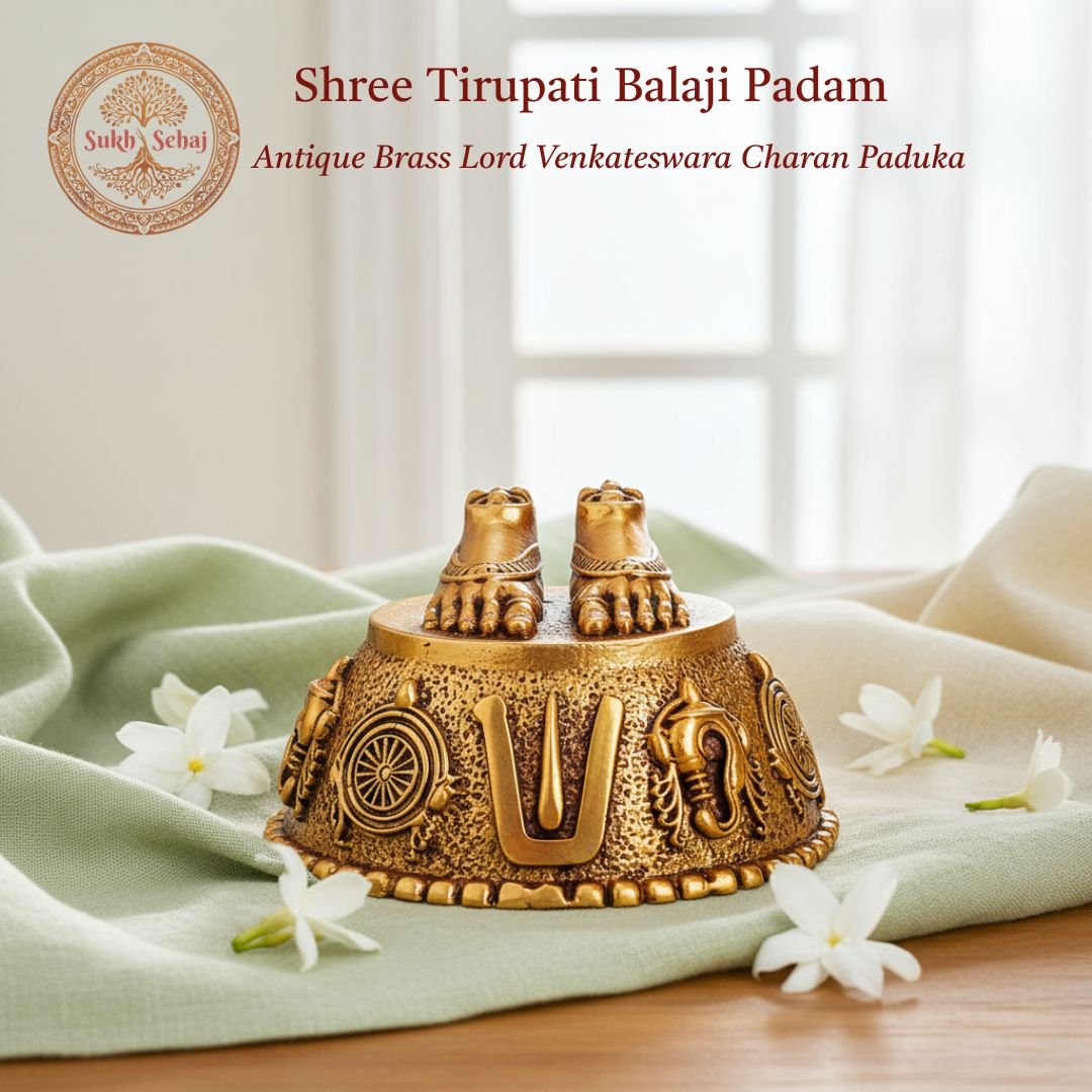 Shree Tirupati Balaji Padam | Lord Vishnu Charan Paduka | Handcrafted, Antique Yellow Finish, 2.9 Inch, for Home Temple, Decor, Pooja Ritual and Gifting