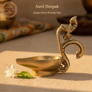 Aarti Deepak, Diya, Brass, Handcrafted, Antique Yellow Finish, 4.6. Inch, Brass Oil Lamp for Home Decor, Pooja Ritual and Gifting