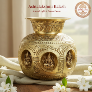 Ashtalakshmi Kalash, Brass, Handcrafted, Antique Yellow Finish, 8.0 Inch, Pooja Vessel for Home Decor, Pooja Ritual and Gifting