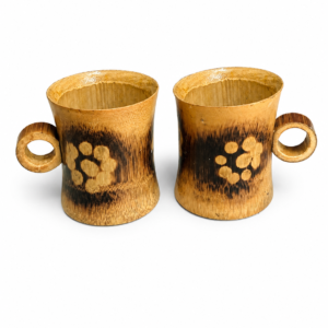 Handcrafted Tea Cups Set, Brown with Floral Pattern, Natural Wood Finish, Thin Edges,Coffee/Tea Cups, 150 ML Traditional Bamboo Cup Design, 2 Pieces ( 8 cm x 6.5 cm)