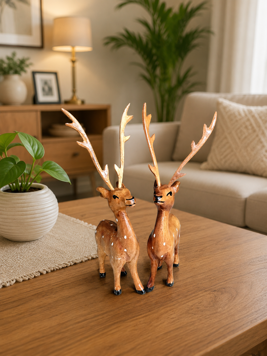 Set of 2 Premium Wooden Made Handcrafted Wooden Deer Pair Showpiece Set |Traditional Home Decor Figurines | Premium Wooden Handicraft for Living Room, Office & Gift | Tabletop Home Decor for Living Room and Gifting ( 28 cm x 9 cm x 4 cm) - Image 2