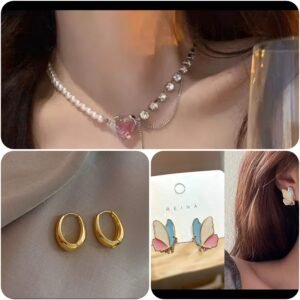 Primium quality peral dimond with silver heart pedent necklace and earrings combo
