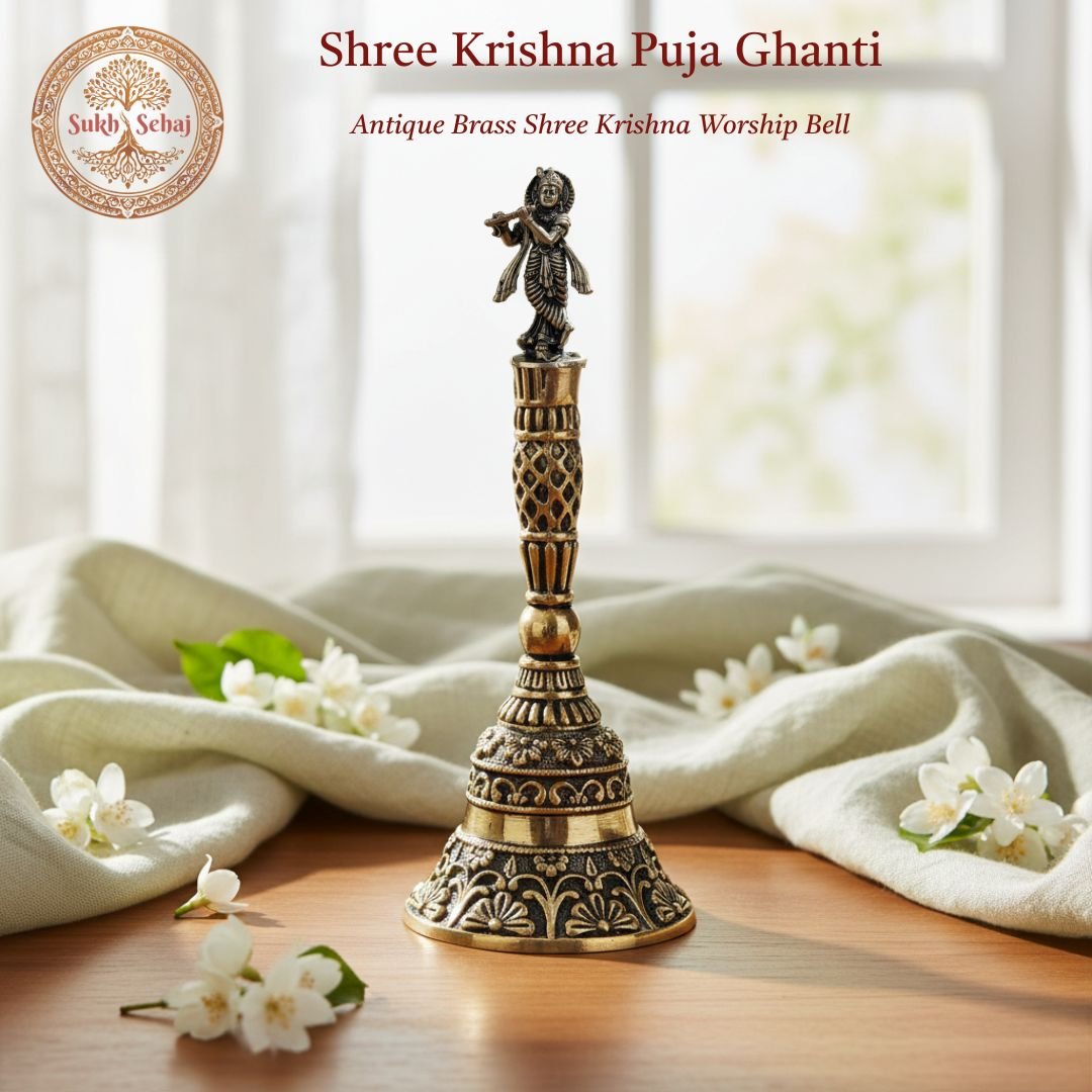 Shree Krishna Puja Ghanti | Handcrafted, Antique Finish, 6.0 Inch, for Home Temple, Decor, Pooja Ritual and Gifting