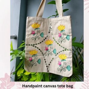 Handpaint canvas lotus tote bag