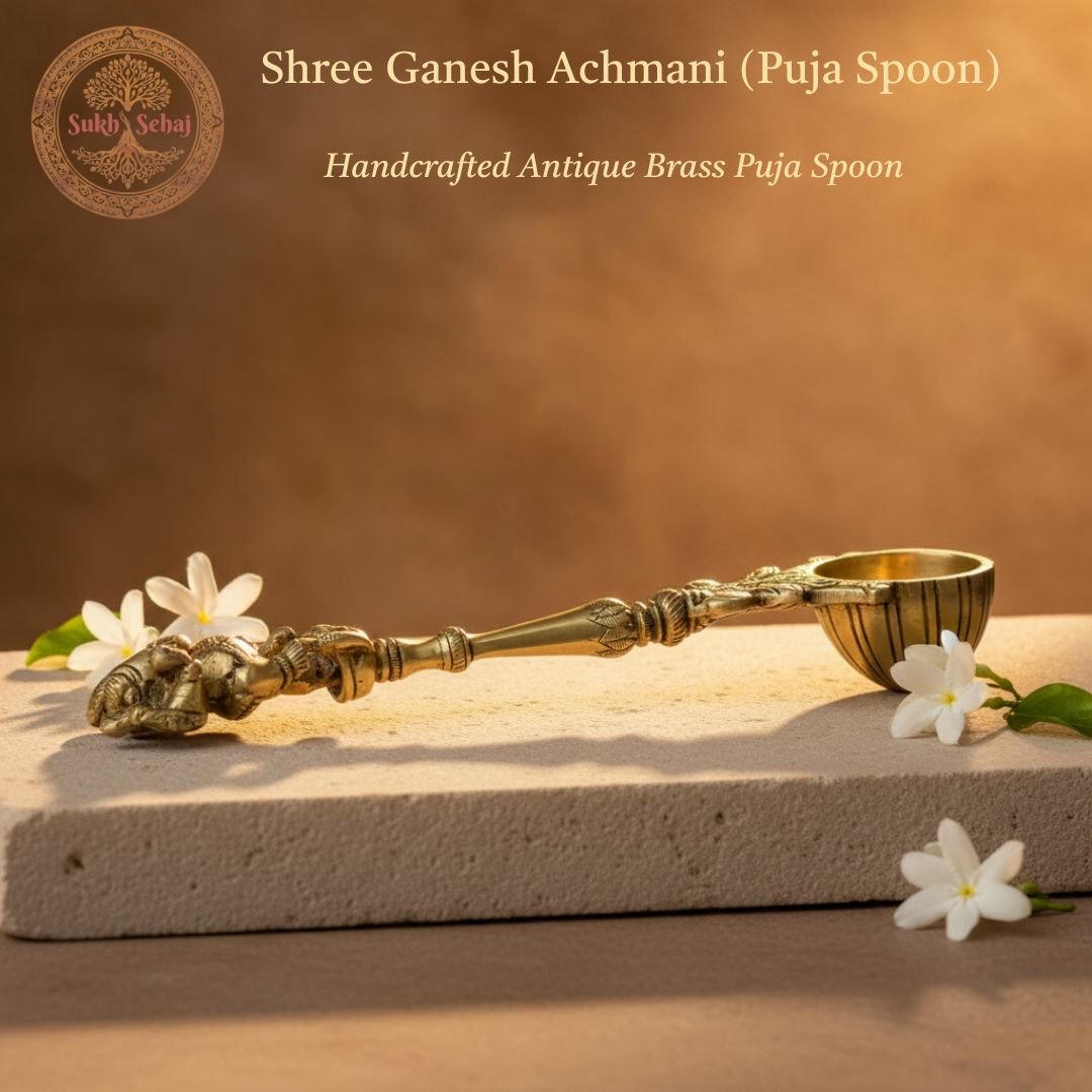 Shree Ganesh Achmani (Puja Spoon) | Palli | Handcrafted, Antique Yellow Finish, 8.0 Inch Length, for Home Temple, Decor, Pooja Ritual and Gifting