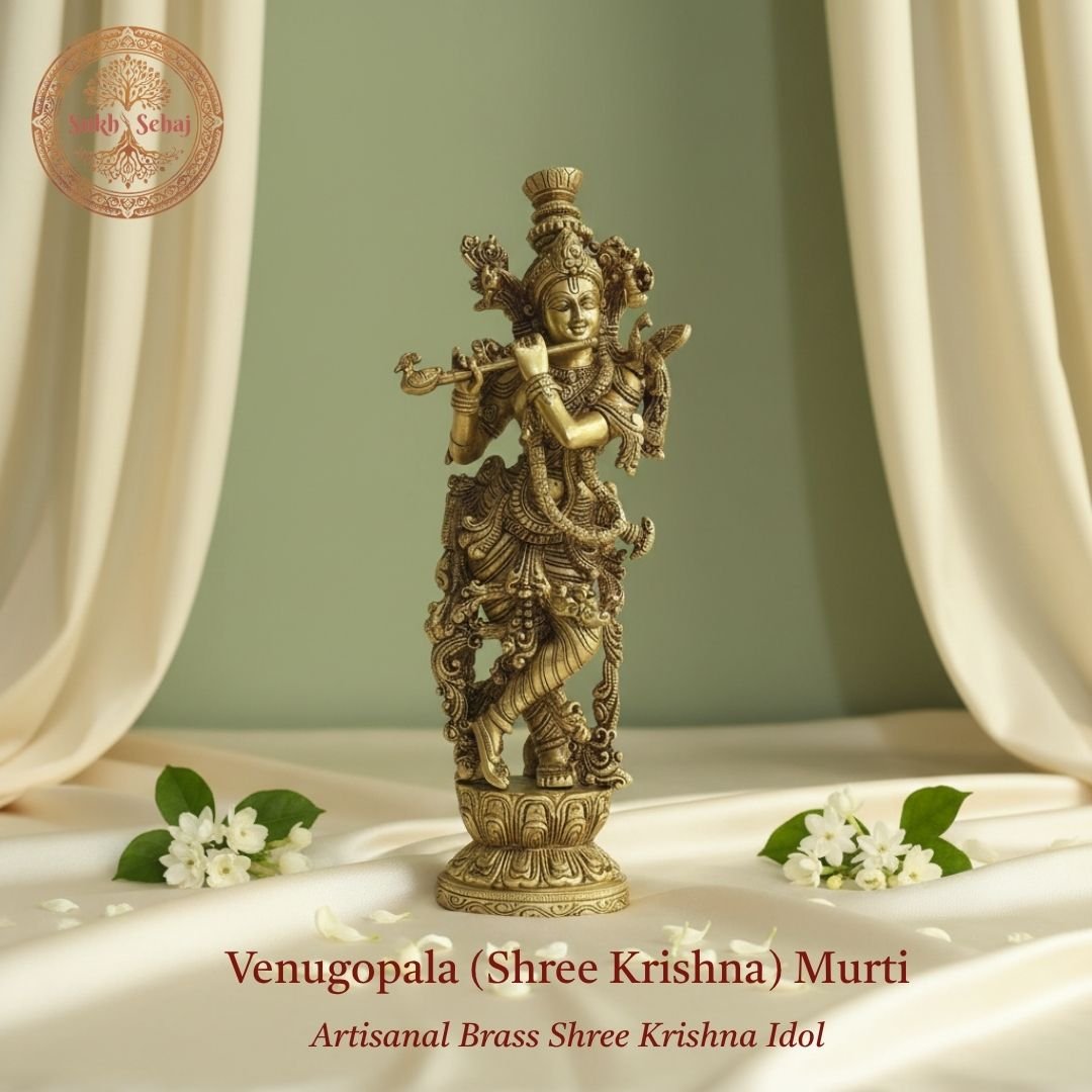Venugopala (Shree Krishna) Brass Murti | Lord Krishna Idol | Handcrafted, Antique Yellow Finish, 14.0 Inch, for Home Temple, Decor, Pooja Ritual and Gifting