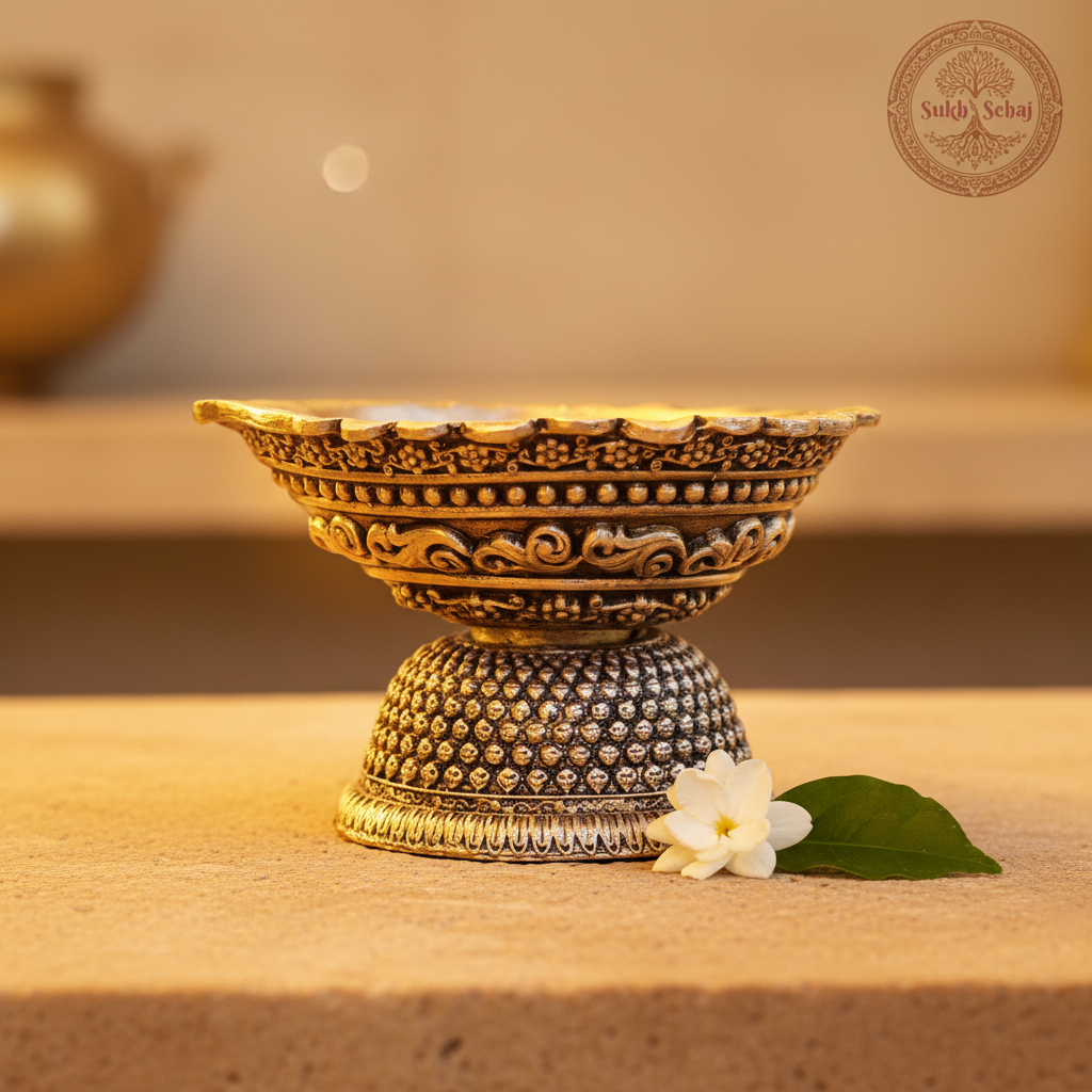 Deepak/Diya, Brass, Handcrafted, Antique Yellow Finish, 2.5 Inch, Oil Lamp Home Decor, Pooja Ritual and Gifting - Image 2