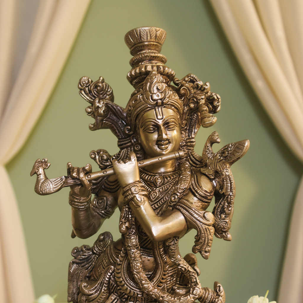 Venugopala (Shree Krishna) Brass Murti | Lord Krishna Idol | Handcrafted, Antique Yellow Finish, 14.0 Inch, for Home Temple, Decor, Pooja Ritual and Gifting - Image 2