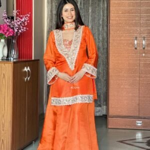 ✨ *New Premium Launch* ✨ *Premium Chinon 4 Piece Sharara Suit Set With Mirror, Diamond & Moti Work 😍*