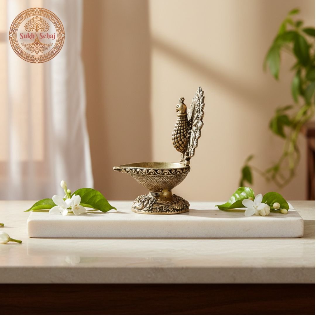 Mayur Deepak, Peacock Diya, Brass, Handcrafted, Antique Yellow Finish, 2.5 Inch Height (Small Diya), Oil Lamp Home Temple, Decor, Pooja Ritual and Gifting - Image 3